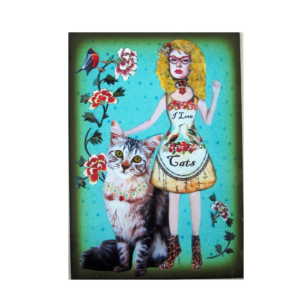 cat collage, cat woman, leopard, turquoise, kitten, custom portrait, pet portrait, tagt team, shabby chic, home decor, cat lover, cat art