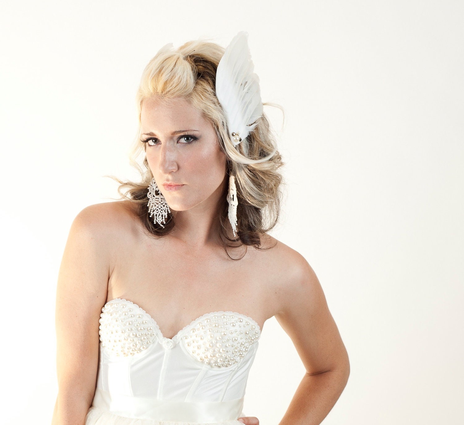 The Swan White Feathered Hair Fascinator Set of 2 White Gold Ivory Made to order