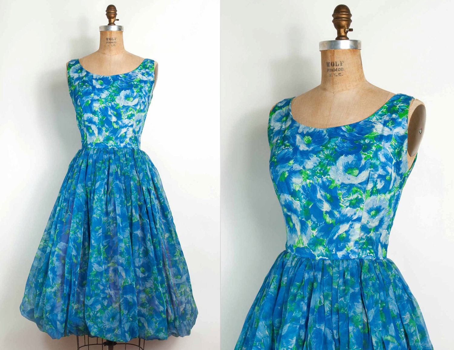 vintage 1960s dress / 60s blue floral chiffon party dress (small)