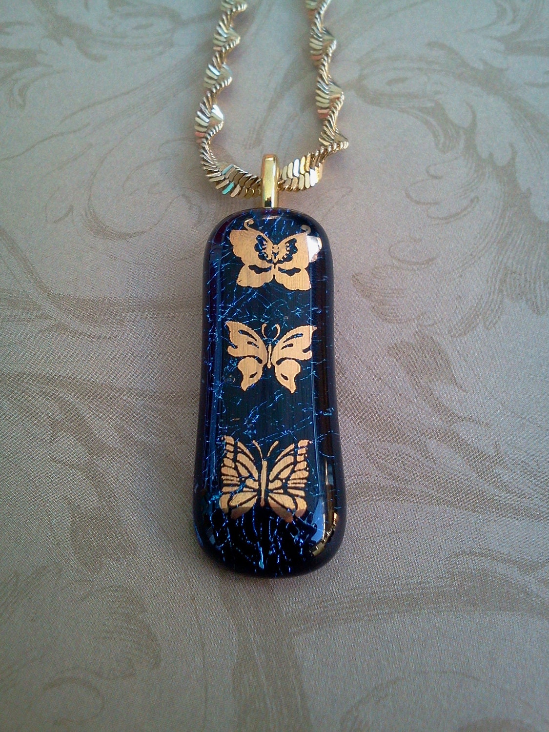 Fused Glass Dichroic Necklace with 22 Karat Gold Butterflies, SRAJD