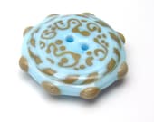 Handmade lampwork glass button  -  Blue & Sage  -  sky blue, folk button, shabby chic button,  glass button