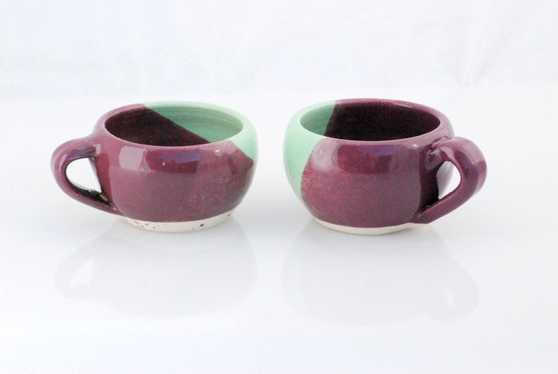 cappuccino cup latte mugs in grape purple and mint - set of two - claylicious
