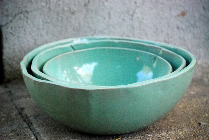 Serving  Bowls in mint green set of three  kitchen decor - made to order