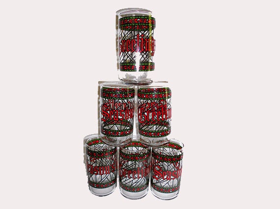 6 Vintage  Drinking Glasses Christmas Seasons Greetings Stained Glass Houze Designs