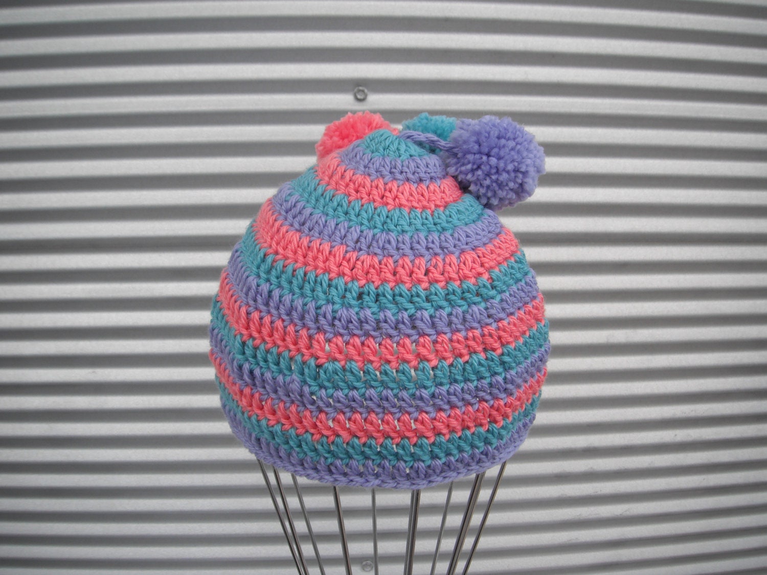 Crochet Hat Unisex 3 colour and pom poms