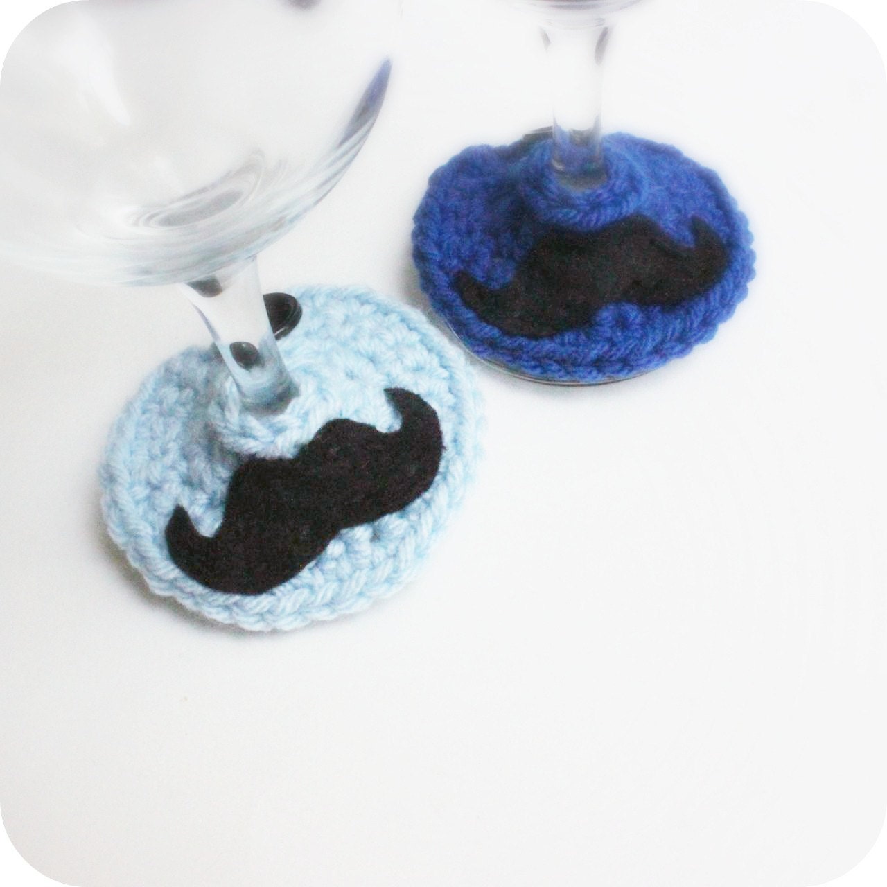 Mustache Wine Cozy Marker royal blue sky blue funny crochet handmade set of 2 cover