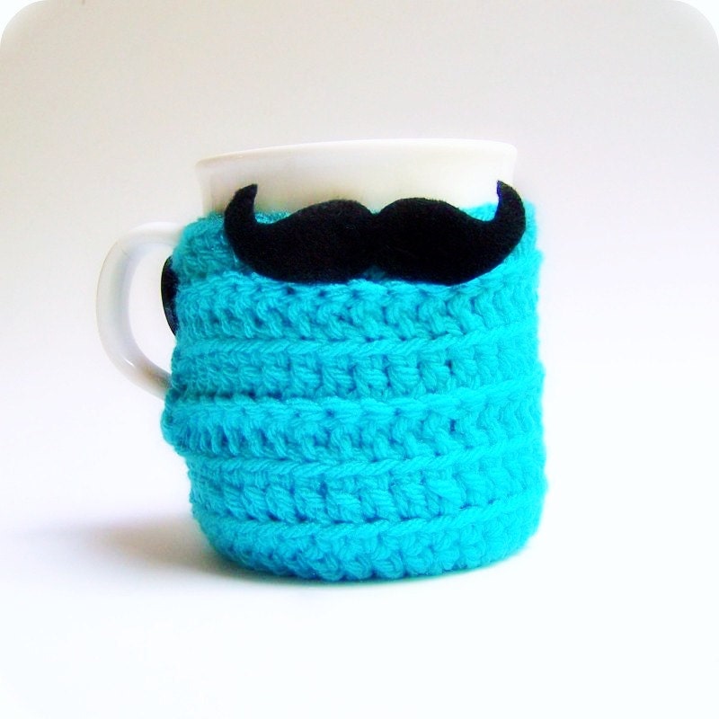 Cozy Cover Coffee Mug Tea Cup Handlebar Mustache turquoise crochet
