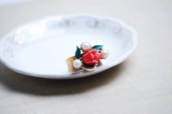 Coral Flower and Pearl Cluster Bouquet Ring - Vintage Raw Brass Ring Band with Vintage Rosebud and Pearl Cluster