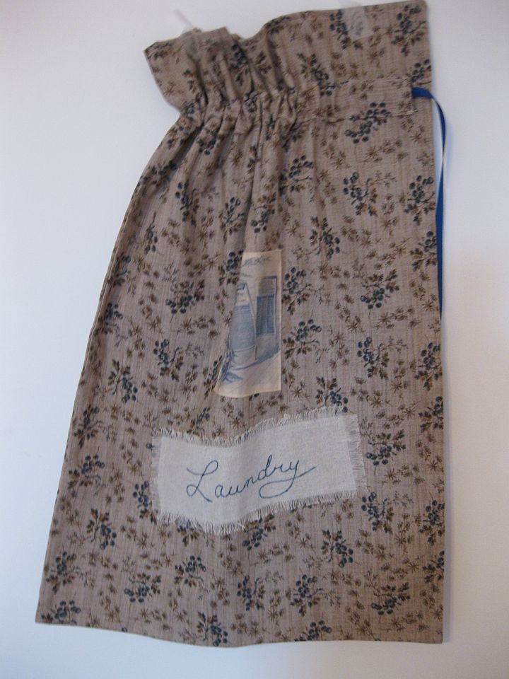 Laundry Bag, Vintage Style, Cottage Shabby Chic, Medium Tan with Blue Berry Print, Lingerie Bag