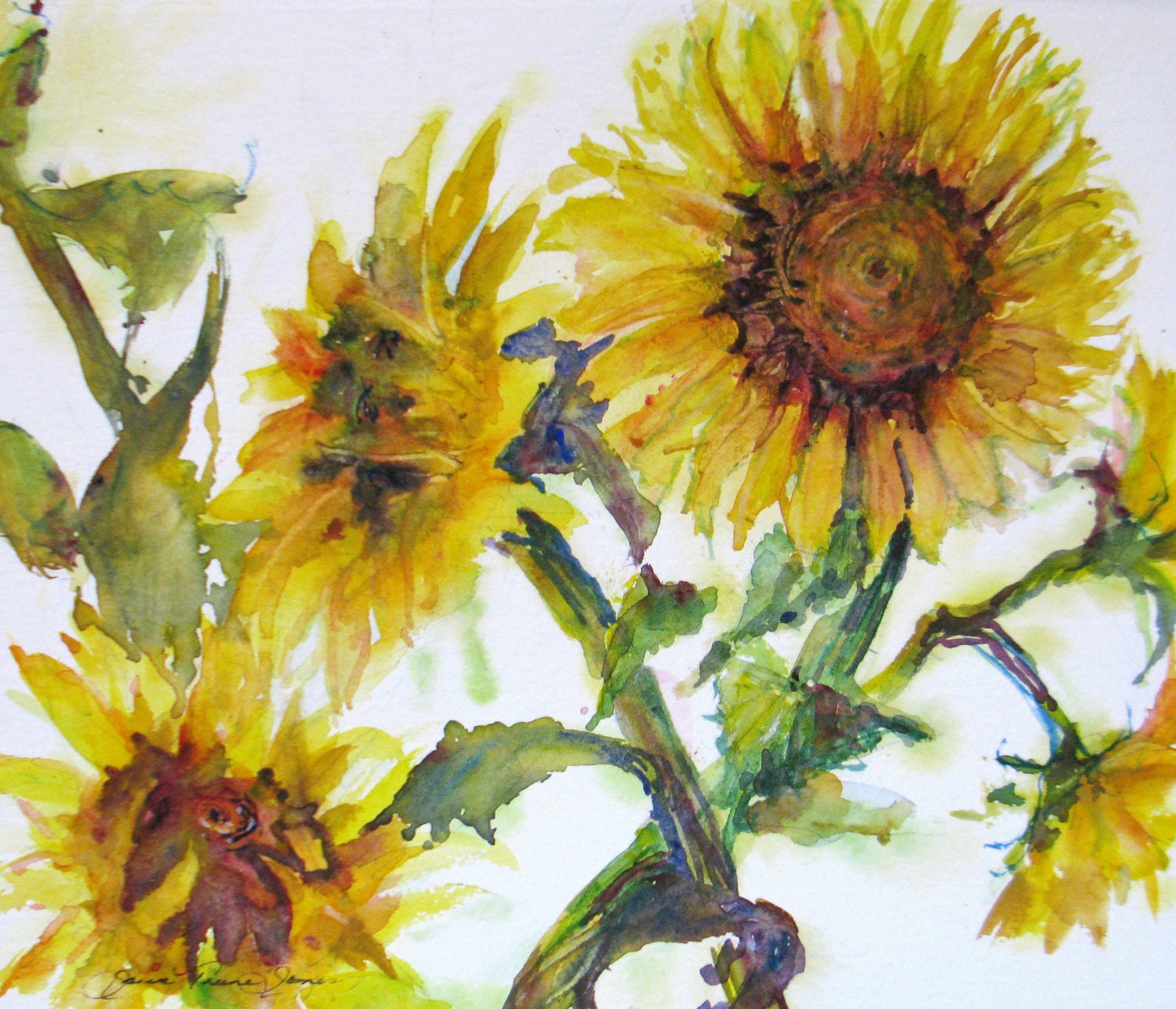 sunflower original watercolor painting garden floral landscape abstract flowers fine art