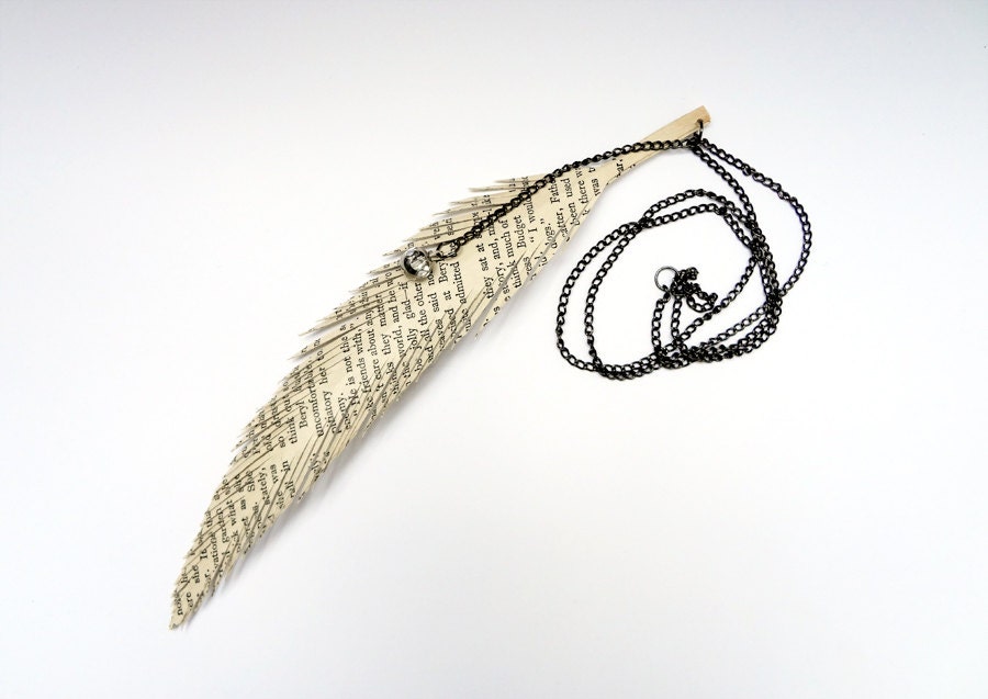 Feather pendant, upcycled book, neutral, beige, upcycled jewelry, unique, nature