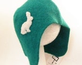 Felted Sweater Baby Hat- Teal with a White Rabbit, size 12 to 24 months