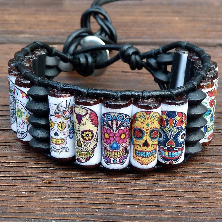 Sugar Skull Cuff Bracelet - Black Leather, Dia De Los Muertos, Day of the Dead Skulls