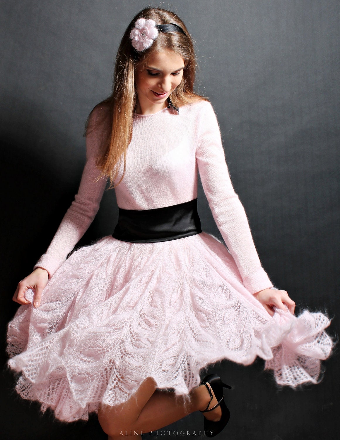 Knitted dress, pink color, very romantic and light ( free shipping)