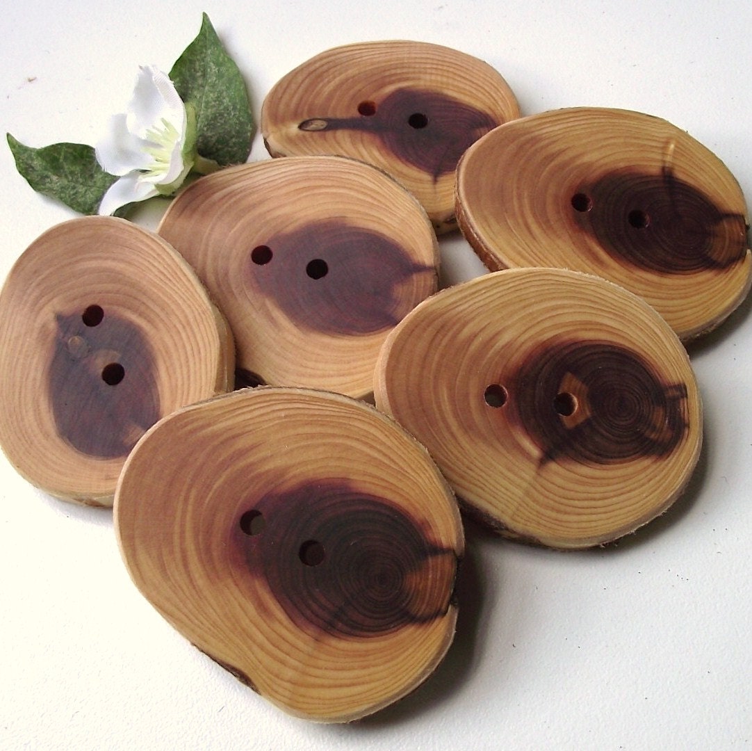 Handmade Wooden Buttons - 6 Cedar Wood Tree Branch Buttons - 2 1/4 x 1 3/4 inches, 2 Holes, For Knitting, Journals, Pillows, Purses