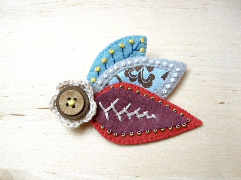 Woodland Brooch - Colorful Embroidered Felt Pin with Crochet Button and Felt Leaves