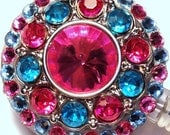 Hot Pink & Aqua Blue Rhinestone and Swarovski Crystal Embellished ID Badge Reel