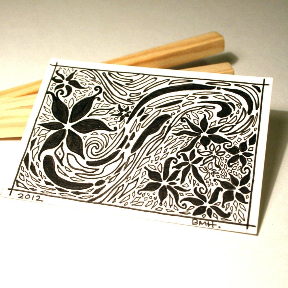 ACEO Pen and Ink Drawing . Black and White Drawing . Art Card . Abstract Flowers . Poinsettia Flowers