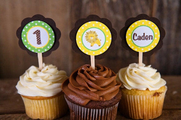 King of the Jungle Cupcake Toppers Happy Birthday Party Decorations - Safari Theme Birthday Party in Green, Brown & Yellow Il_570xn