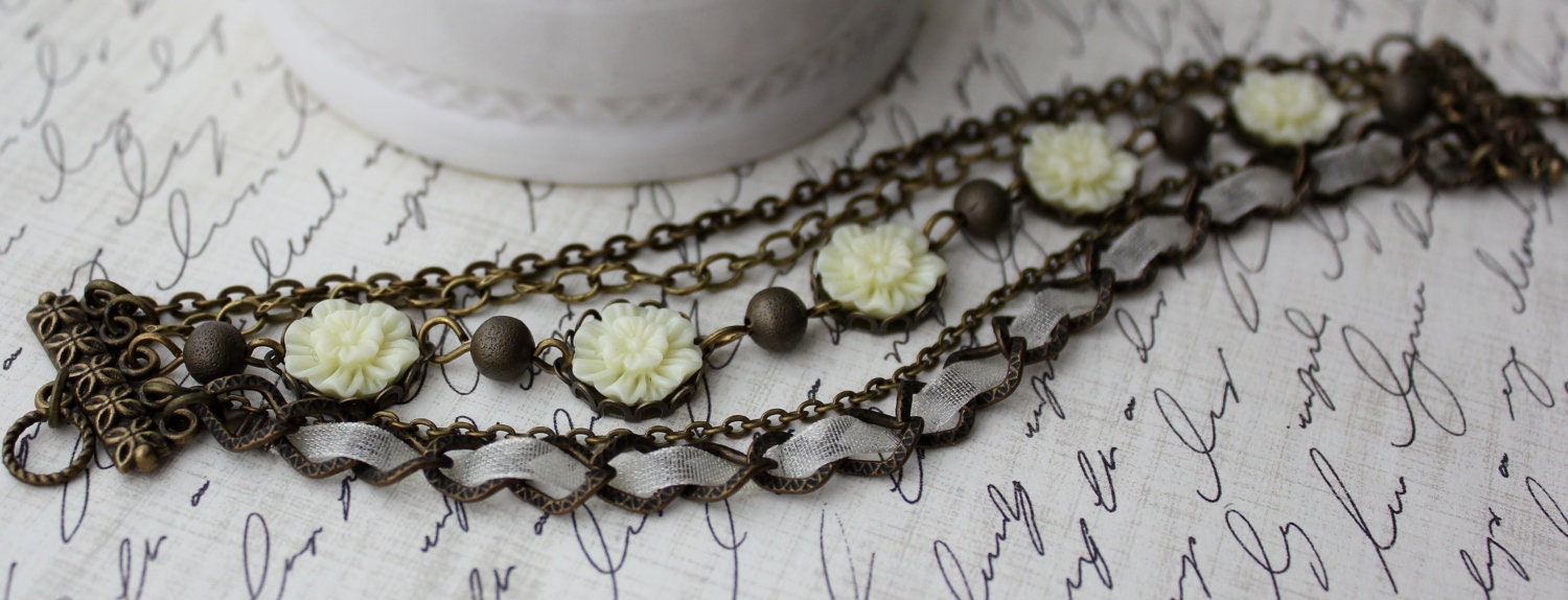 Ivory Cream Flower Cabochon Bracelet. Vintage Inspired. Ribbon. Antique Brass. Gift for her