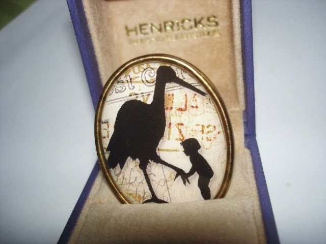 Vintage Silhouette Jewelry of Child with Big Bird   Brooch KL Design