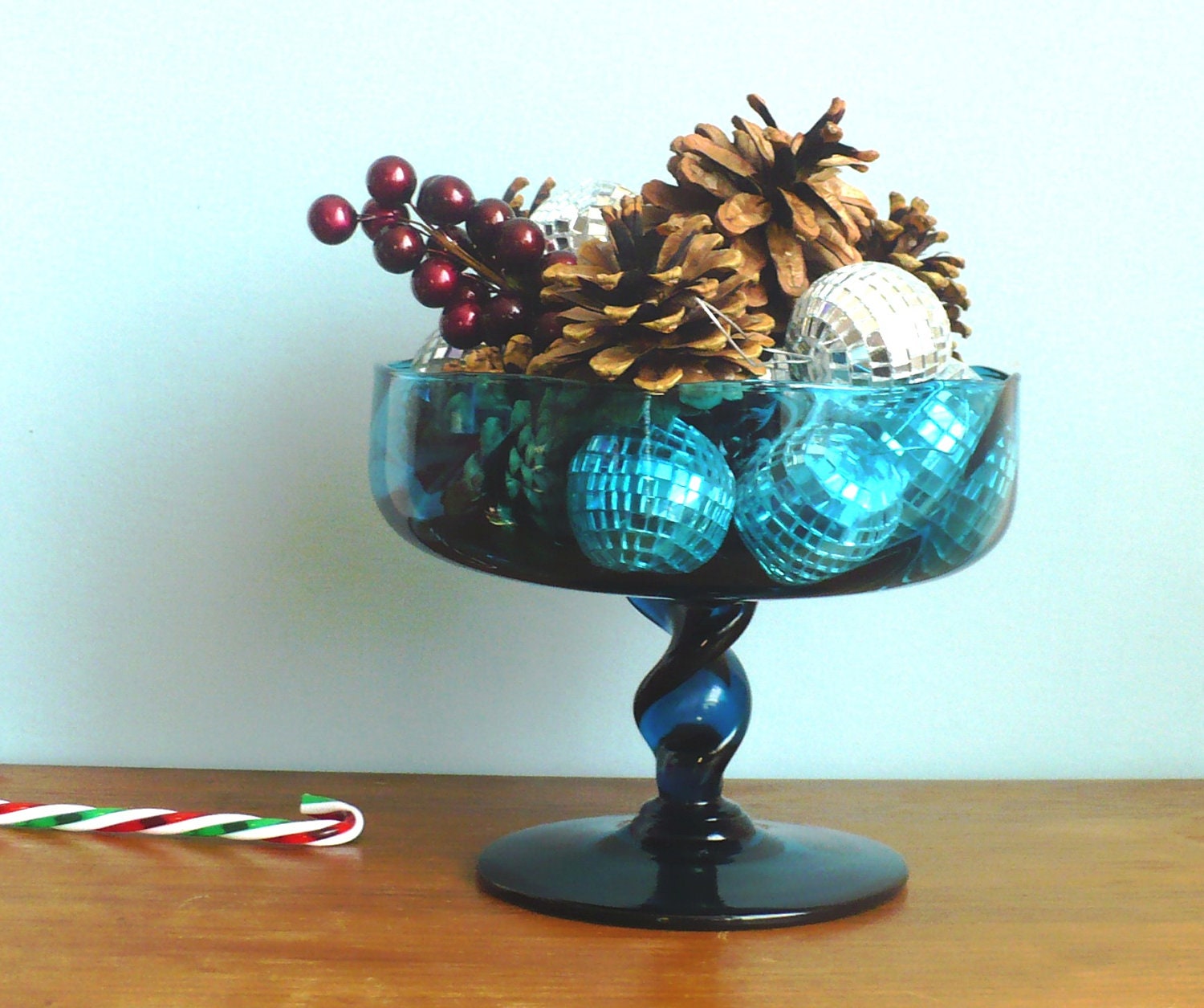 Blue Glass Large Compote With Twisted Stem