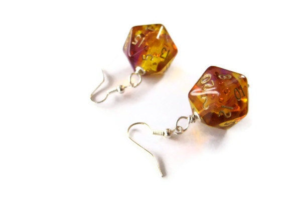 D20 dice earrings ombre purple orange yellow transparent geek gamer DnD role playing RPG dice jewelry dice - MageStudio