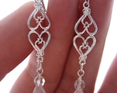 Swarovski Crystal Earrings, Sterling Silver, Heart, Wire Wrapped, Post, Clear, Love, Drop, Evening, Dressy, Sparkle, Shiny, Valentines Day