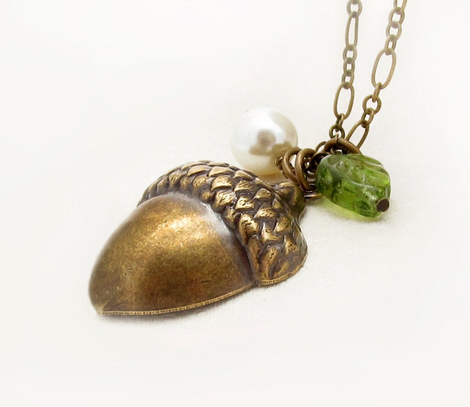 Acorn Necklace Charm Necklace Leaf Necklace Spring Wedding Bridesmaid Gift Harvest Woodland Nature Jewelry Under 50 - Charmed Acorn