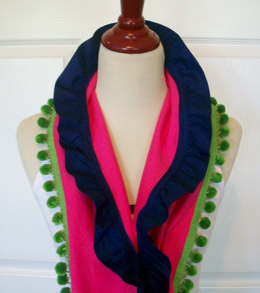 Ruffle Scarf in Pink with Lime Green Pom Poms and Navy Ruffle