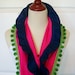 Ruffle Scarf in Pink with Lime Green Pom Poms and Navy Ruffle