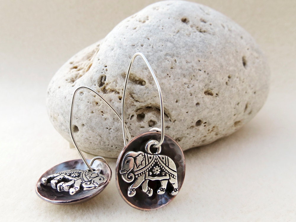 Silver Elephant Earrings on Copper Discs, Metalwork, Sterling Wires - Good Luck, Prosperity, Wisdom, Handmade Jewelry by CreativeGypsy