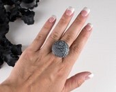 Round Ring Black Lace and Gray Polymer Clay Ring with Antique Silver Adjustable Band