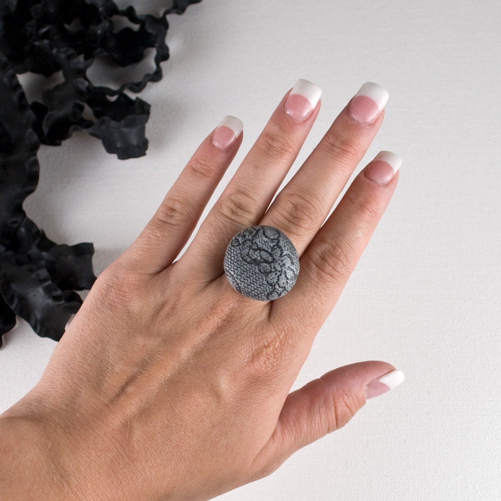 Round Ring Black Lace and Gray Polymer Clay Ring with Antique Silver Adjustable Band