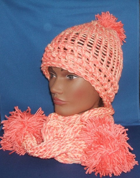 Hand Knit Pom Pom Hat and Scarf Set Skinny Tube Scarf Peach and Orange