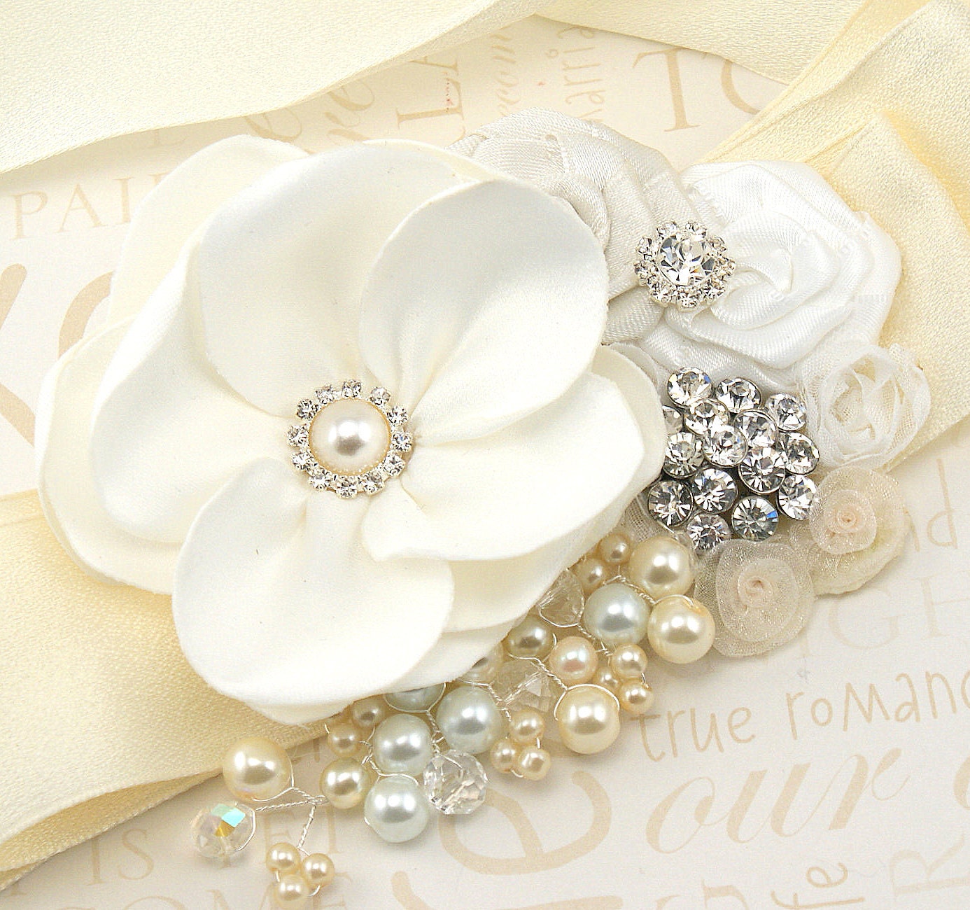 Sash - Bridal Sash in Ivory and White with Satin Flowers, Brooch, Pearls and Crystals - Meghan
