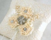 Bridal Ring Pillow in Ivory and Cream with Lace, Chiffon Flowers, Pearls, Crystals and Jewels