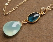 Aqua Blue Chalcedony and Blue Topaz Gemstone Necklace - 14KT Gold Fill - Sea Green