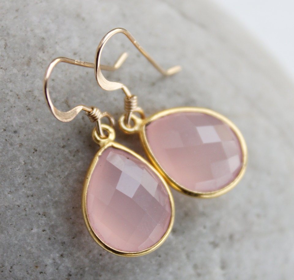Simple Pink Chalcedony Teardrop Earrings - Gemstone Earrings - Bridesmaids, Winter Weddings