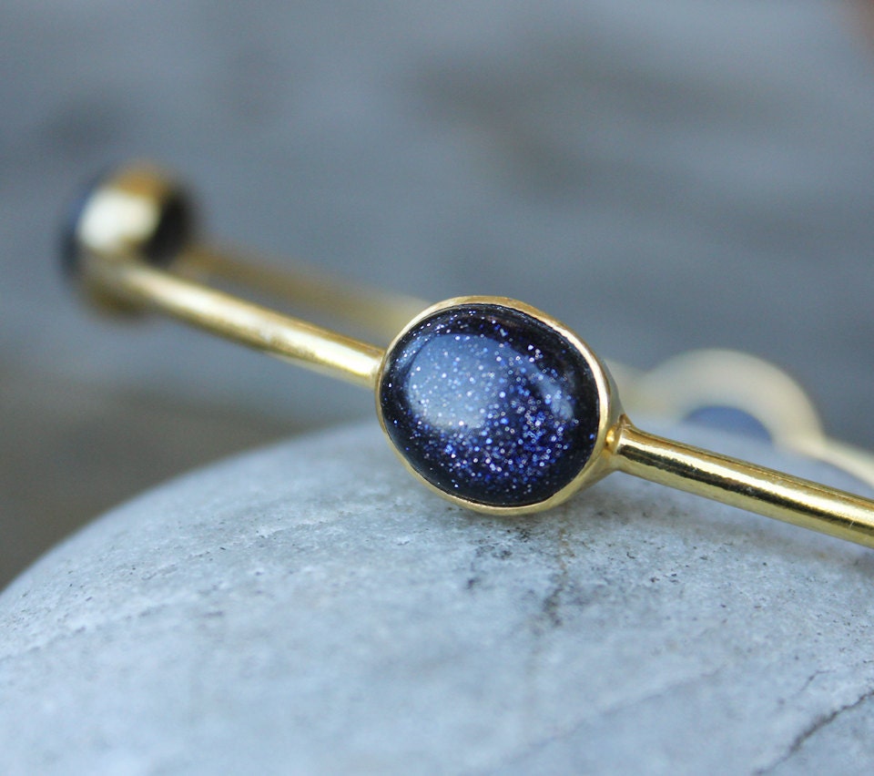 Gold Midnight Blue Sunstone Stacking Bangle - Gemstone Bangle - Navy Blue Stone