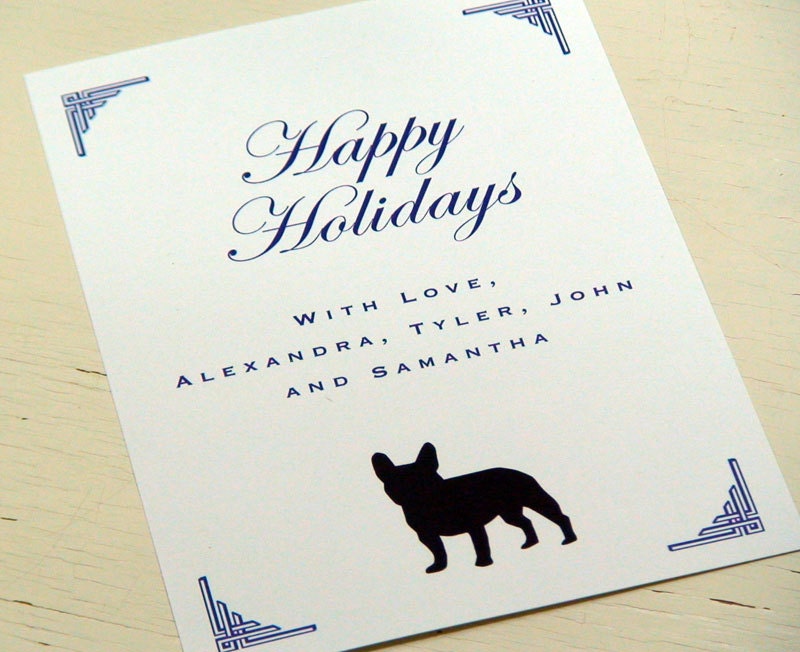 Happy Holidays Personalized French Bulldog Stationery - Flat Holiday Greeting Cards - Happy Hanukkah Notecards - Chanukkah Blue - Set of 10