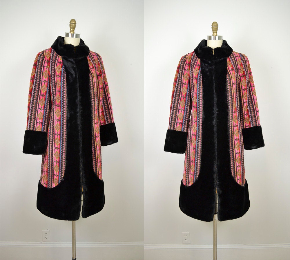 Vintage Tapestry coat / 1960s Faux Fur Coat / 60s Kilim Coat