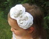 White Flower Headband, Satin Rosette Duo w/ Rhinestone Bow Stretchy Headband, Baptism, Christening, Wedding, Baby Child Girls Headband