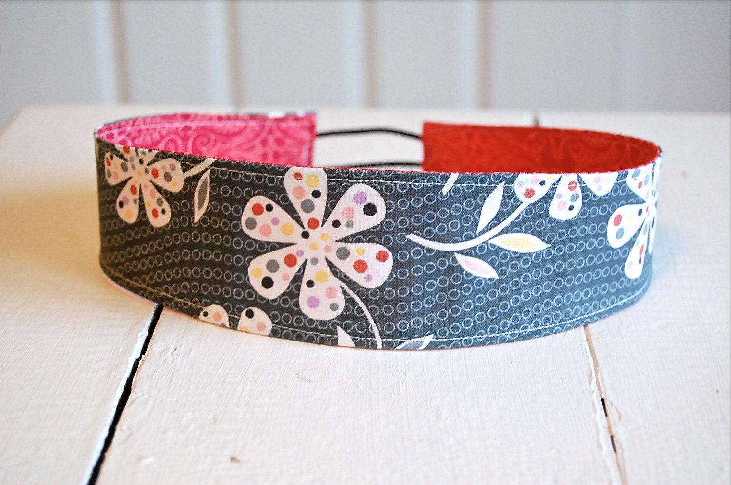 Wide Fabric Reversible Headband - Red Paisley with Gray, Yellow and Purple Floral