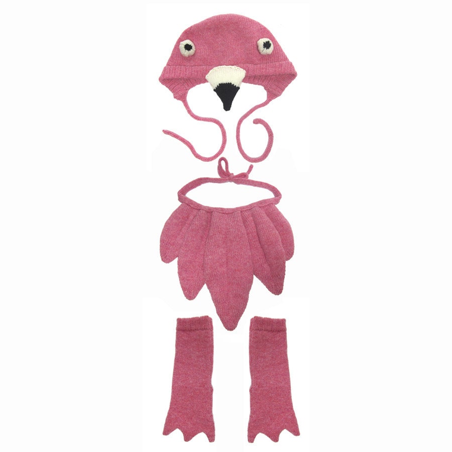 Pink Knitted Baby Flamingo Hat, Tail and Booties Set, Handmade Baby Costume