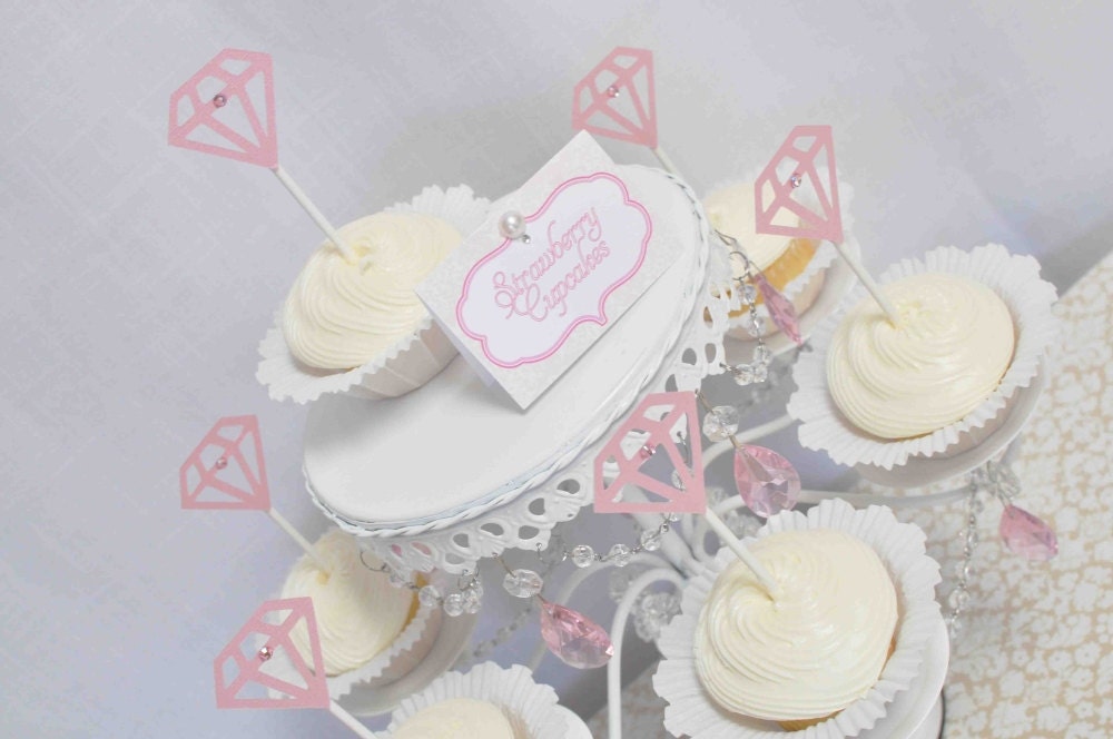 Diamond Cupcake Toppers w/ GEM x 12 - Custom Colors Available