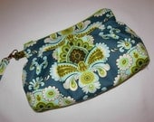 Wristlet Clutch Pleated Bag Detachable Strap Amy Butler Belle Blue Green Floral Damask