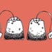 BOGO SALE - Black and White Tea Bags on Coral Background - Quick Draw - Tea for Two - 5x7 Illustration Wall Art Print - Kitchen Art
