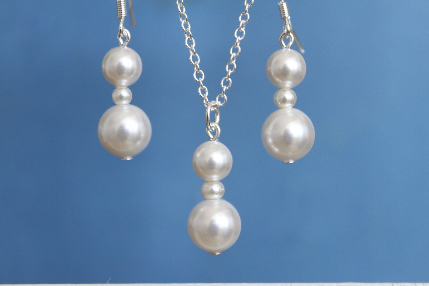 Silver Necklace and Earrings with Swarovski Pearls  (J) Bridesmaids Gifts