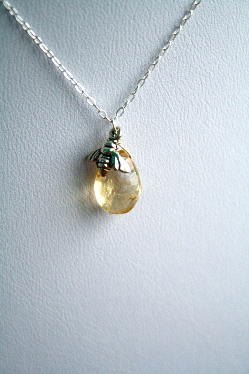 Citrine and Sterling Bee Necklace, Honey Bee, Bumble Bee Necklace